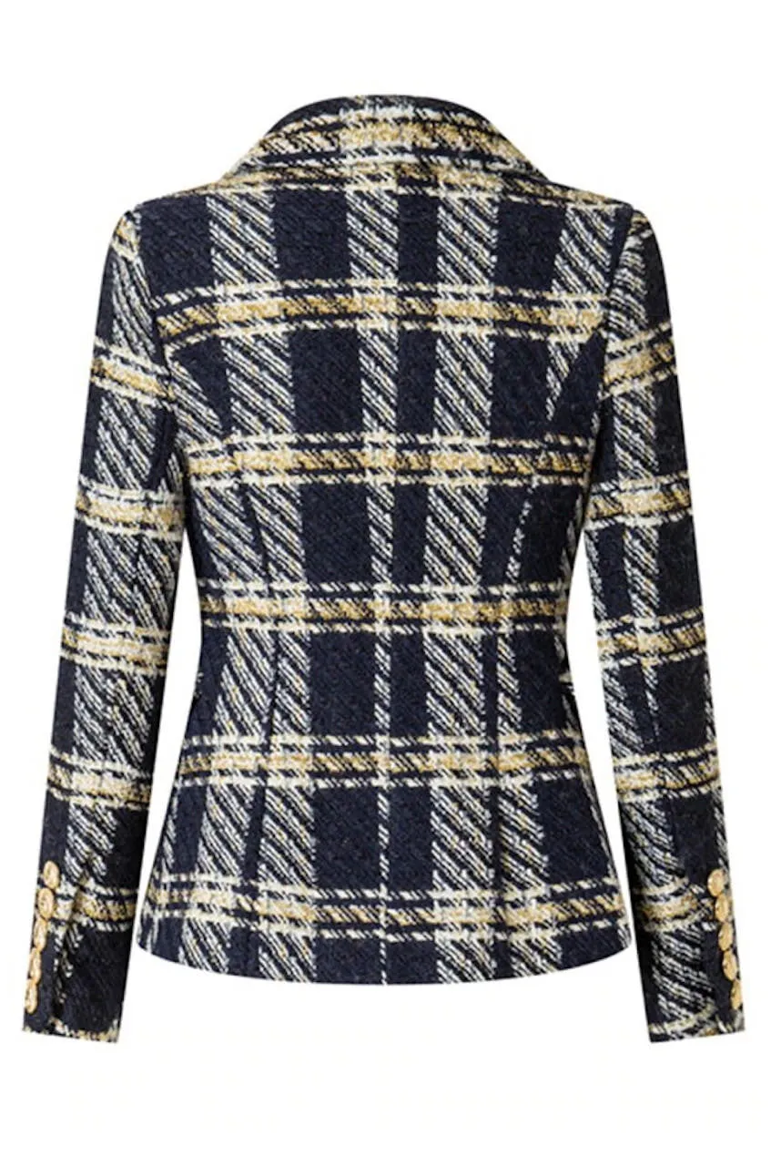 Gold Navy Plaid Tweed Blazer
