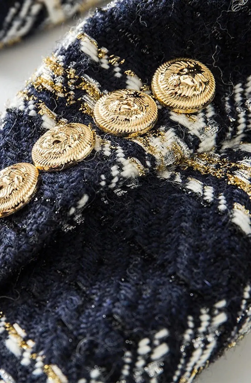 Gold Navy Plaid Tweed Blazer