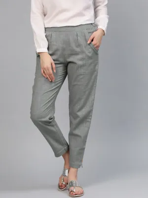 Grey Solid Cotton Slub Straight Pants