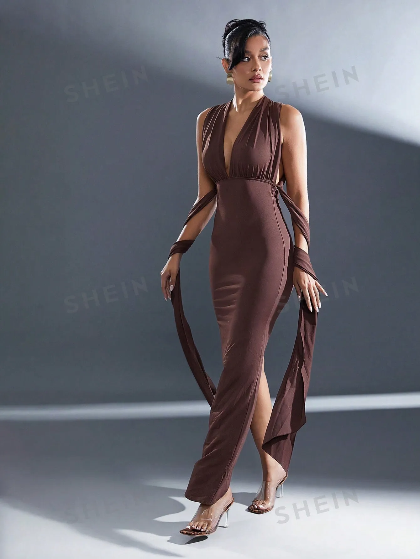 Haute Brown Fall Long Wrap Multi Way Maxi Dress
