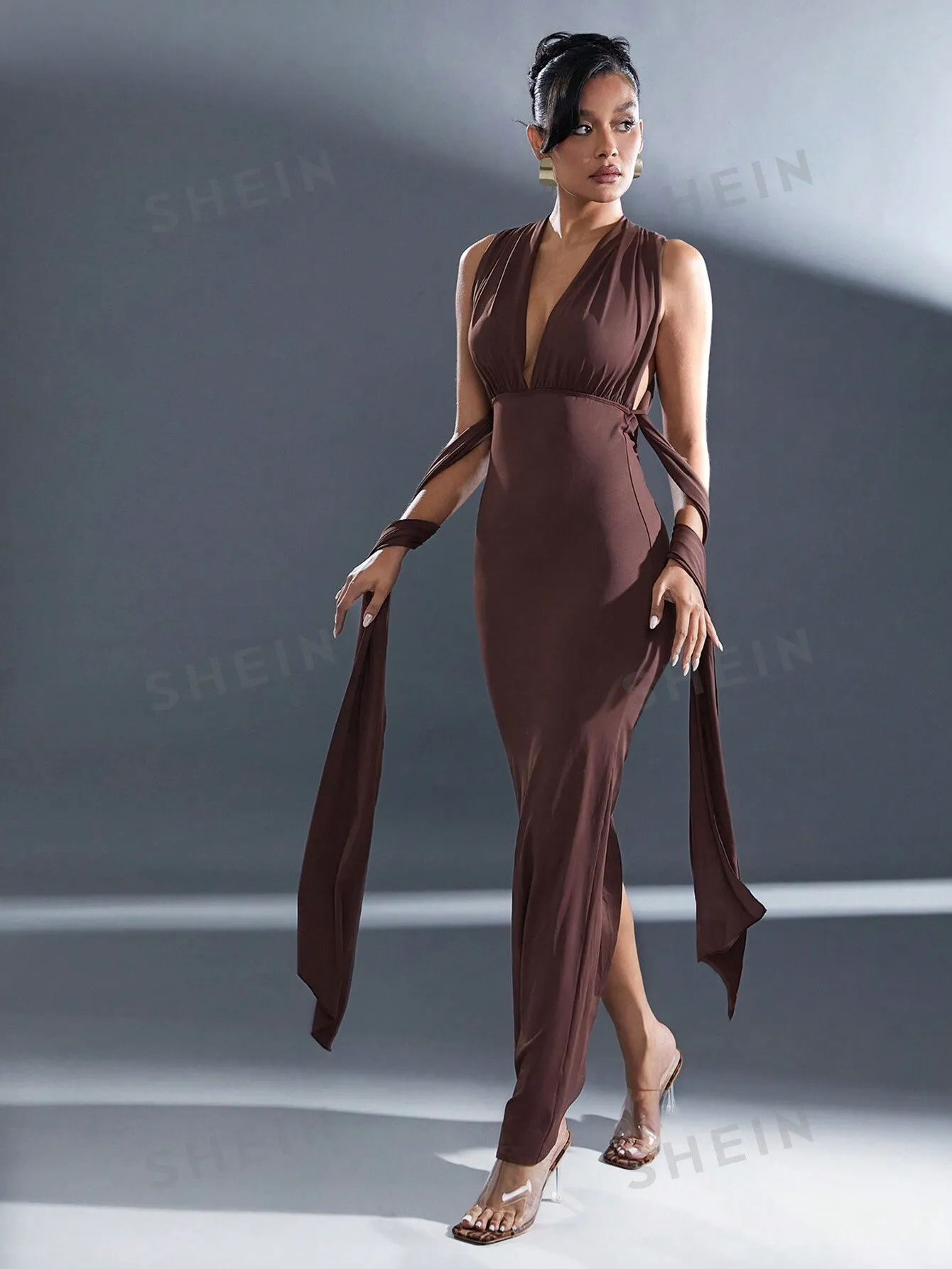 Haute Brown Fall Long Wrap Multi Way Maxi Dress