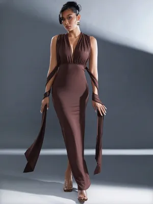 Haute Brown Fall Long Wrap Multi Way Maxi Dress