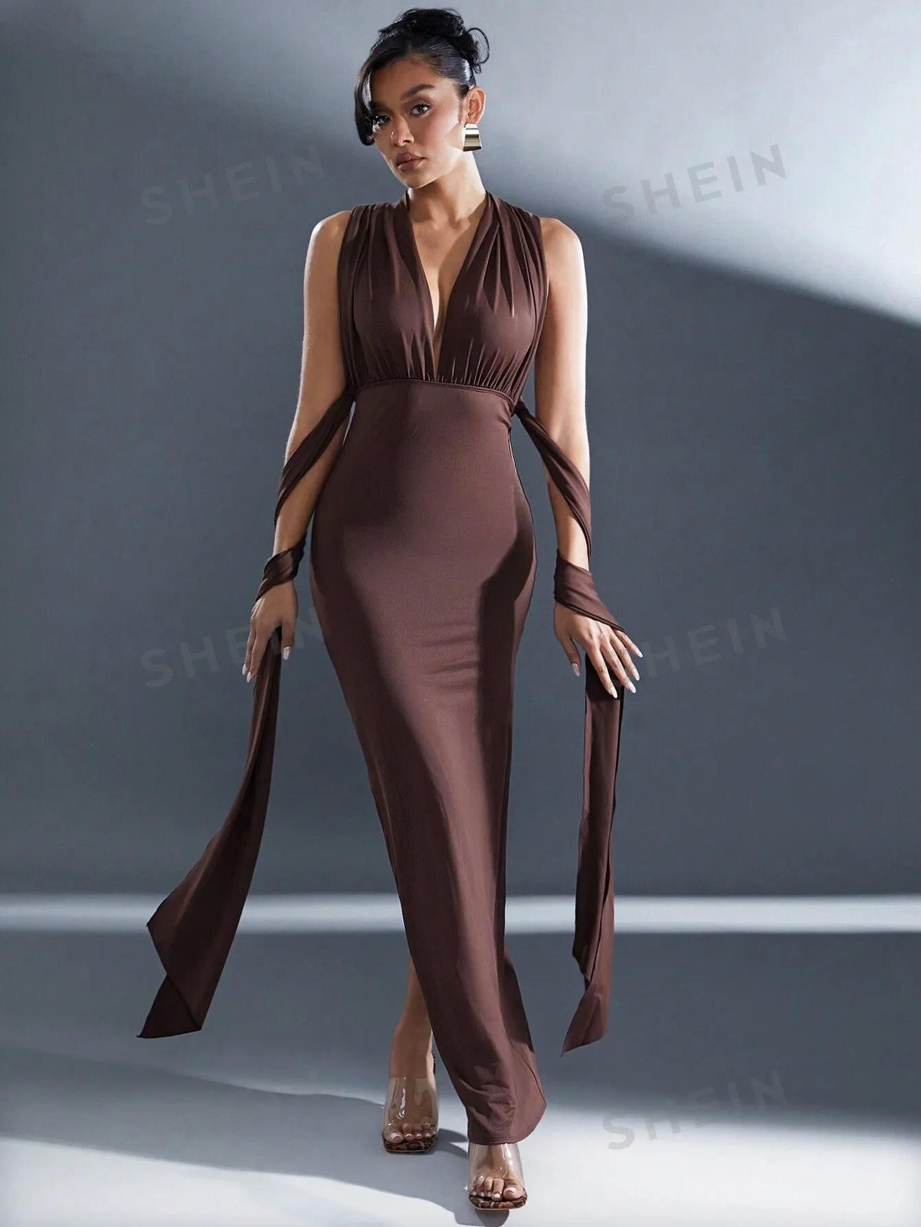 Haute Brown Fall Long Wrap Multi Way Maxi Dress