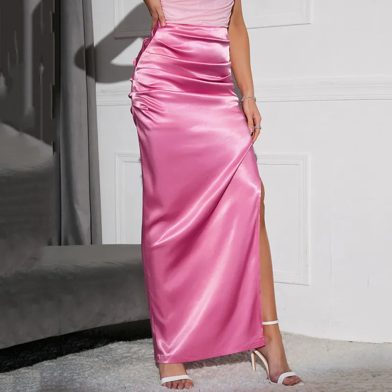 High Waist Ruched Satin Skirt with High Side Slit
