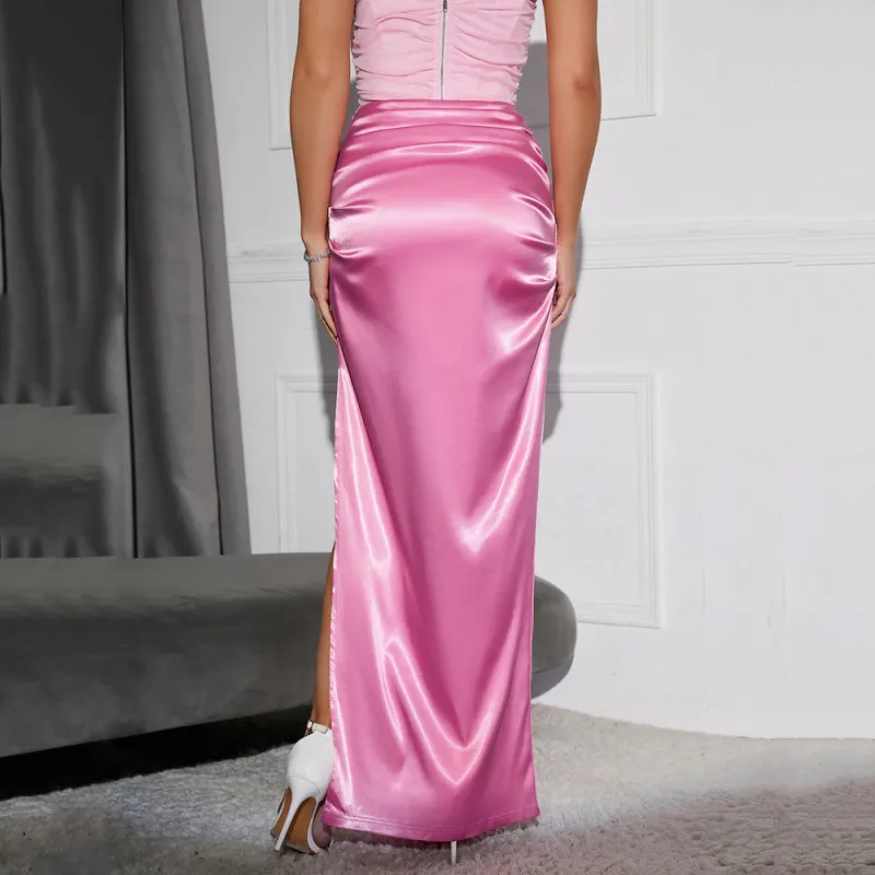 High Waist Ruched Satin Skirt with High Side Slit