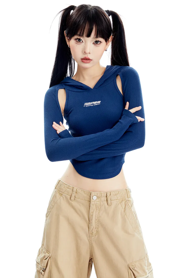 Hooded Ribbed Cutout Top