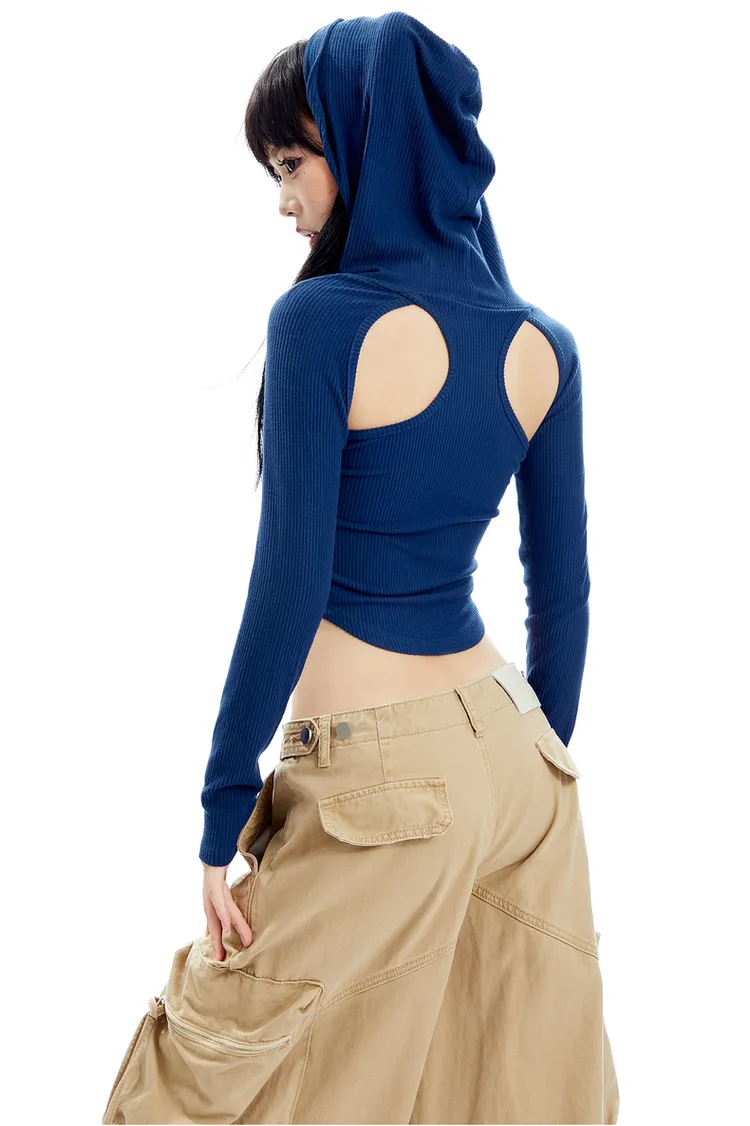 Hooded Ribbed Cutout Top