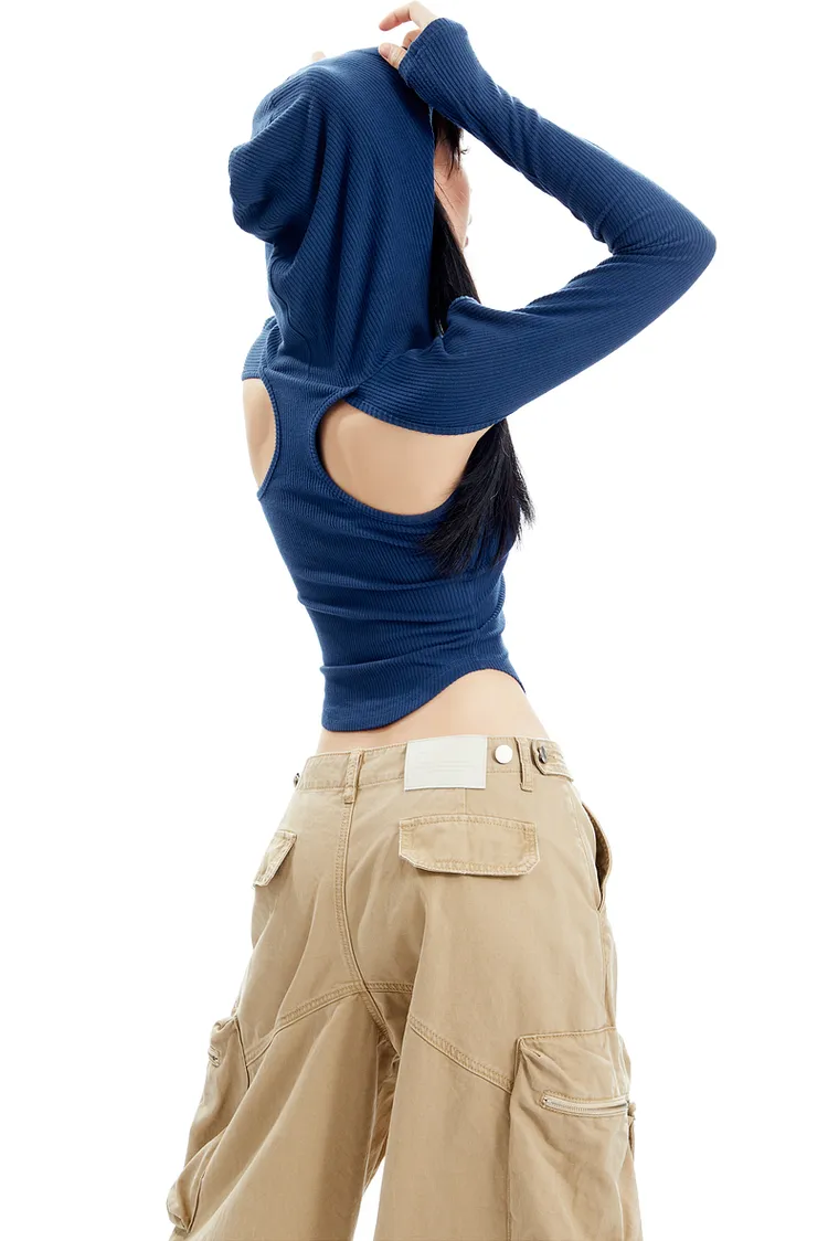 Hooded Ribbed Cutout Top