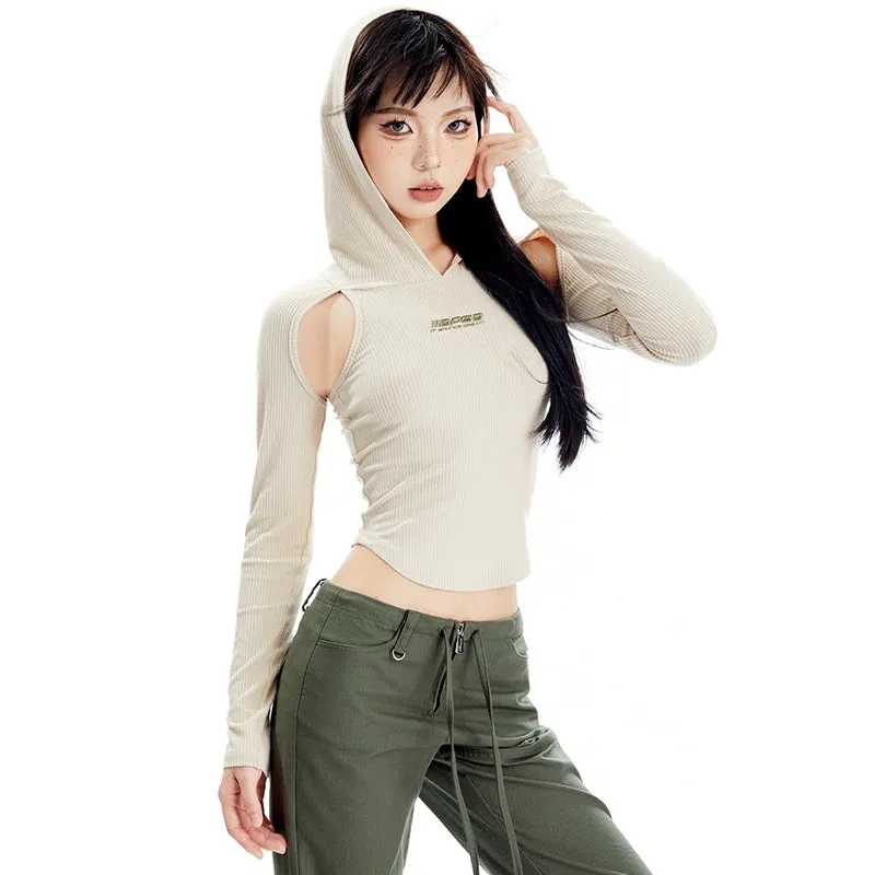 Hooded Ribbed Cutout Top