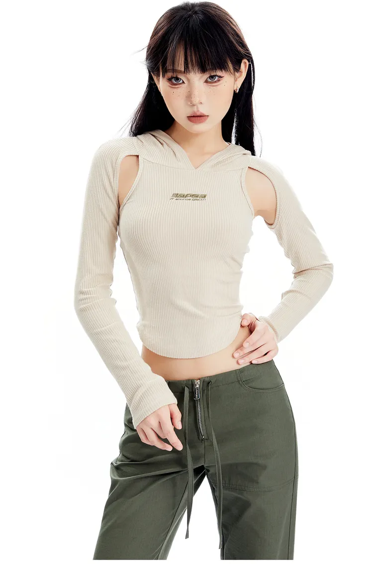 Hooded Ribbed Cutout Top