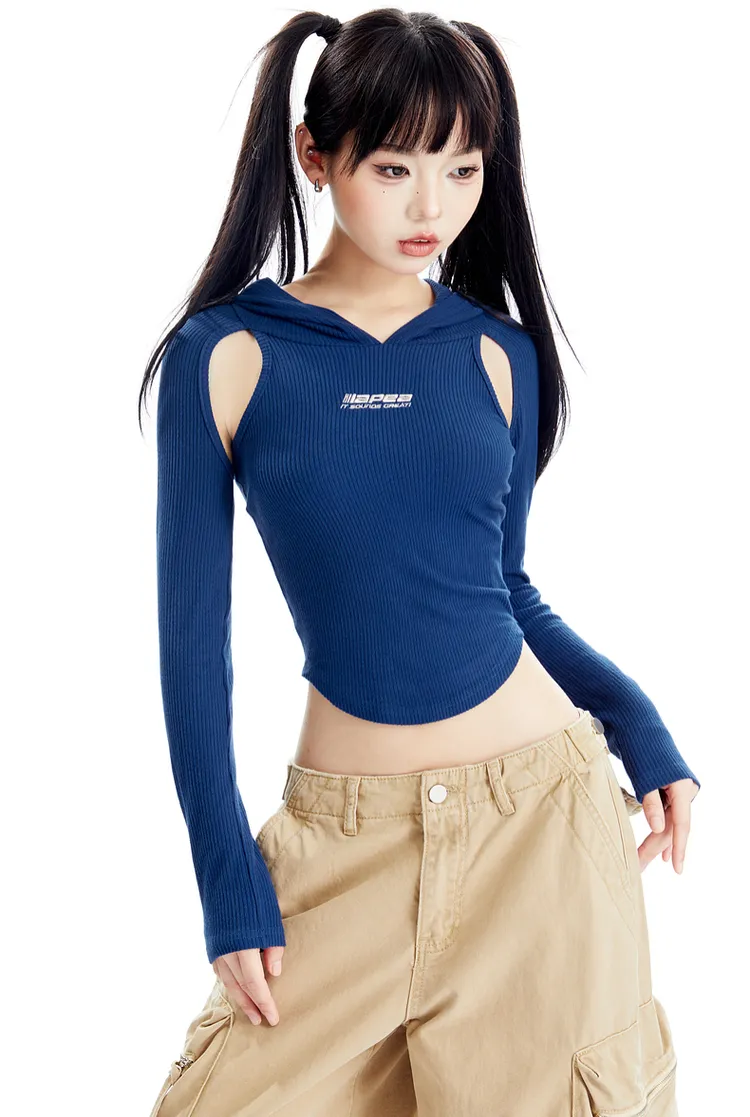 Hooded Ribbed Cutout Top