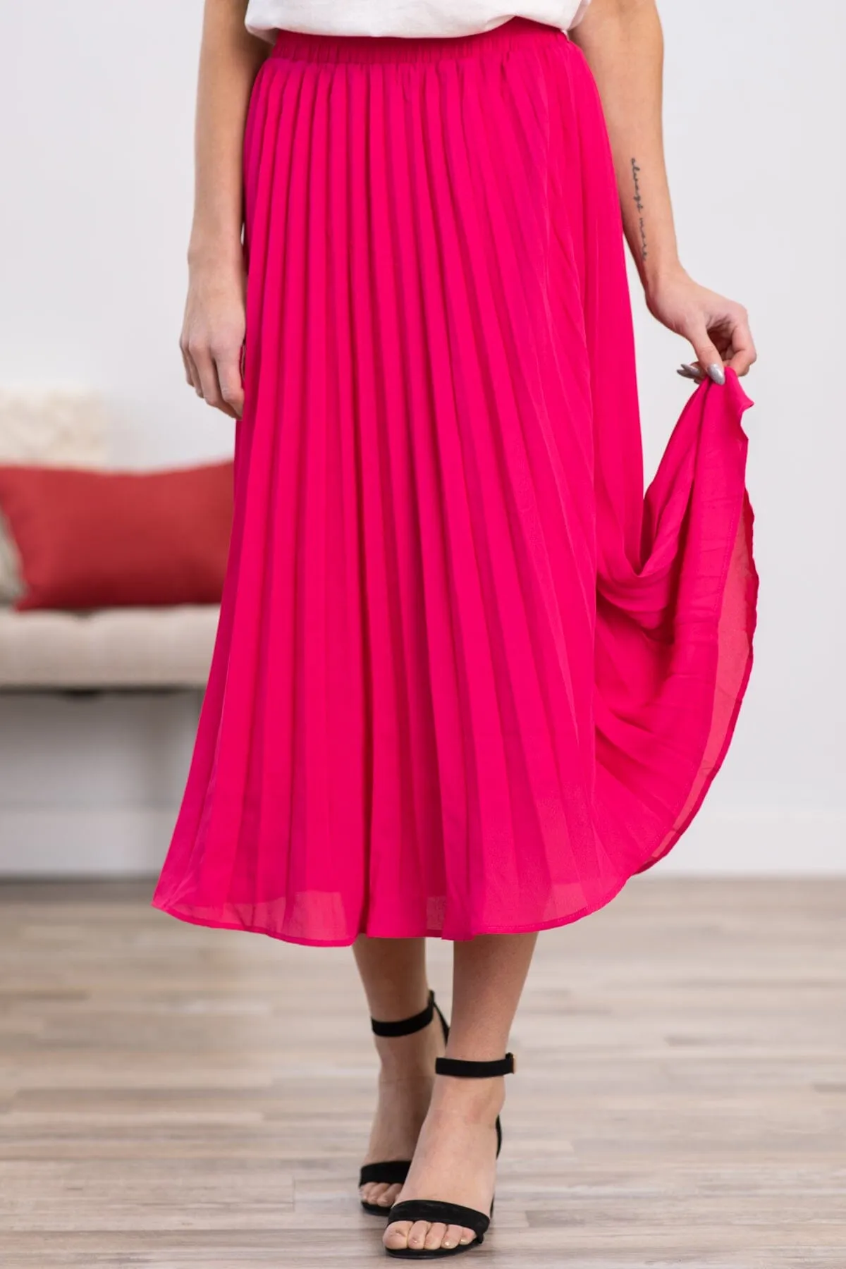 Hot Pink Accordion Pleat Midi Skirt