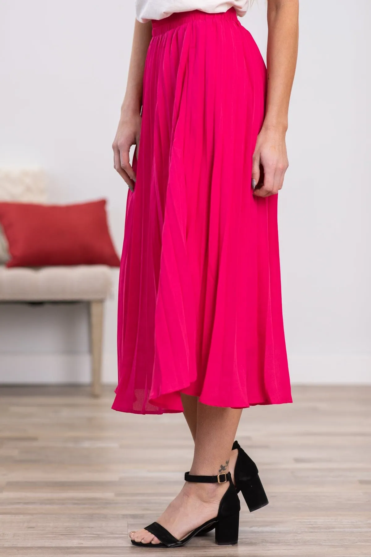 Hot Pink Accordion Pleat Midi Skirt