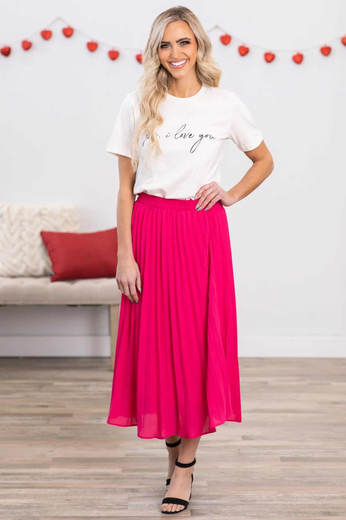 Hot Pink Accordion Pleat Midi Skirt