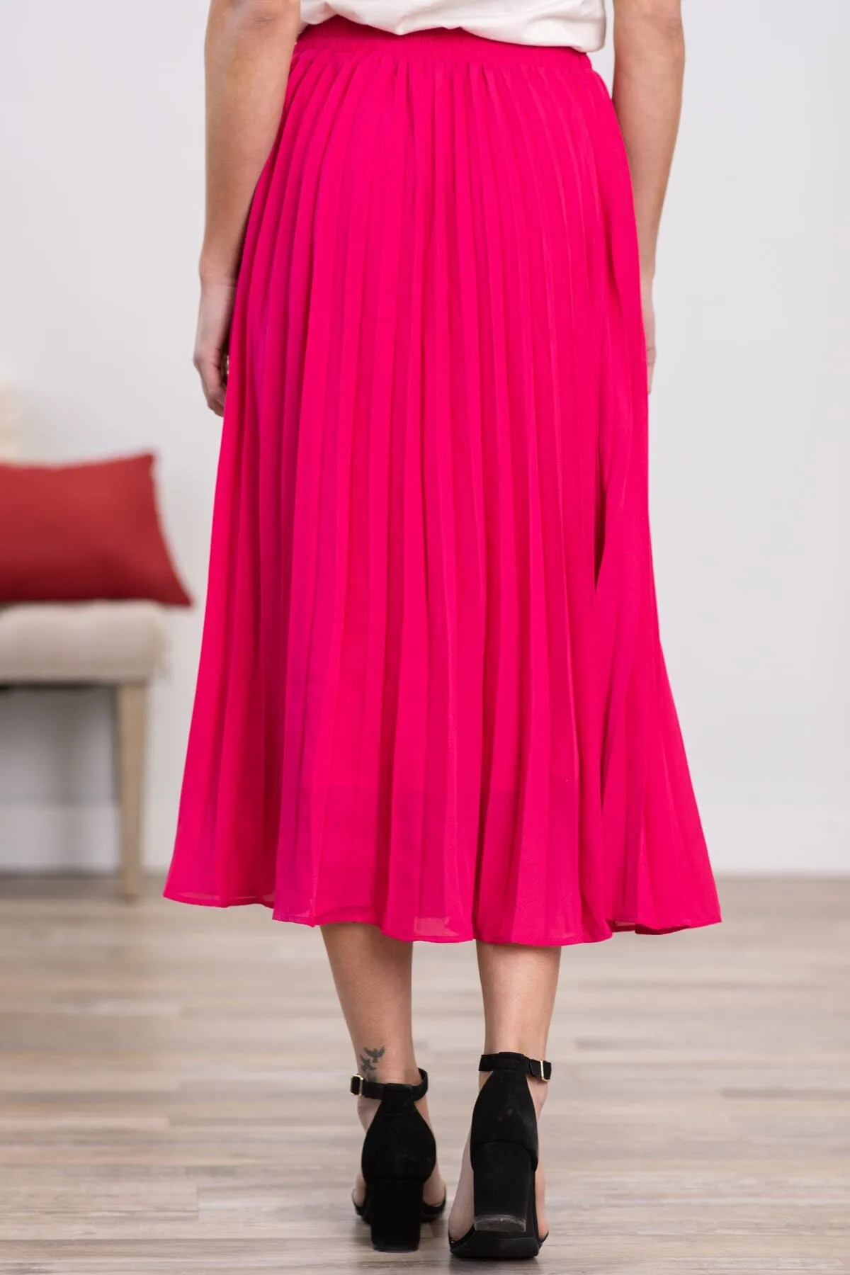 Hot Pink Accordion Pleat Midi Skirt