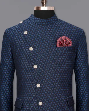 Jade Black and Mariner Blue Plus sign Textured Cross-Button Bandhgala Designer Blazer