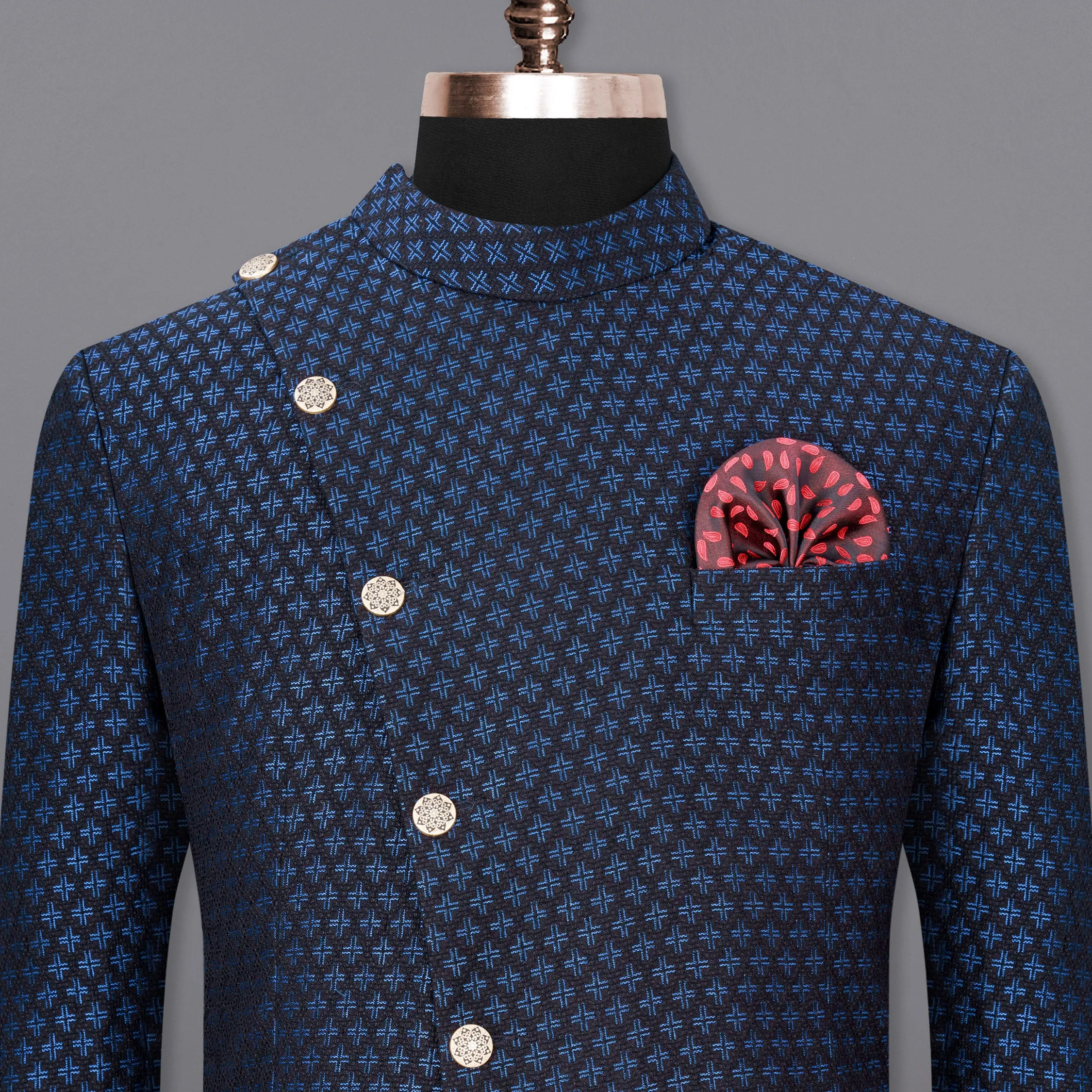 Jade Black and Mariner Blue Plus sign Textured Cross-Button Bandhgala Designer Blazer