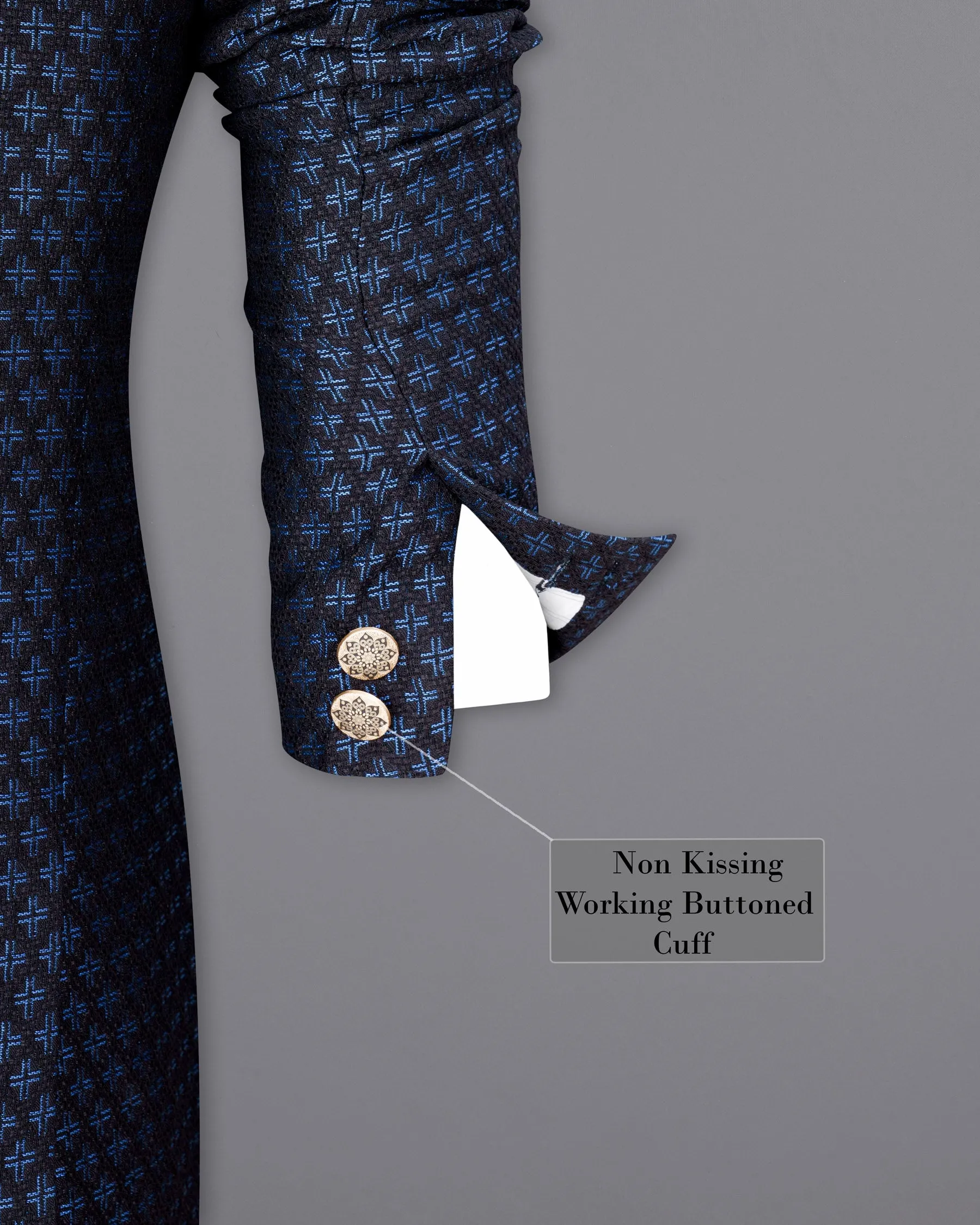 Jade Black and Mariner Blue Plus sign Textured Cross-Button Bandhgala Designer Blazer