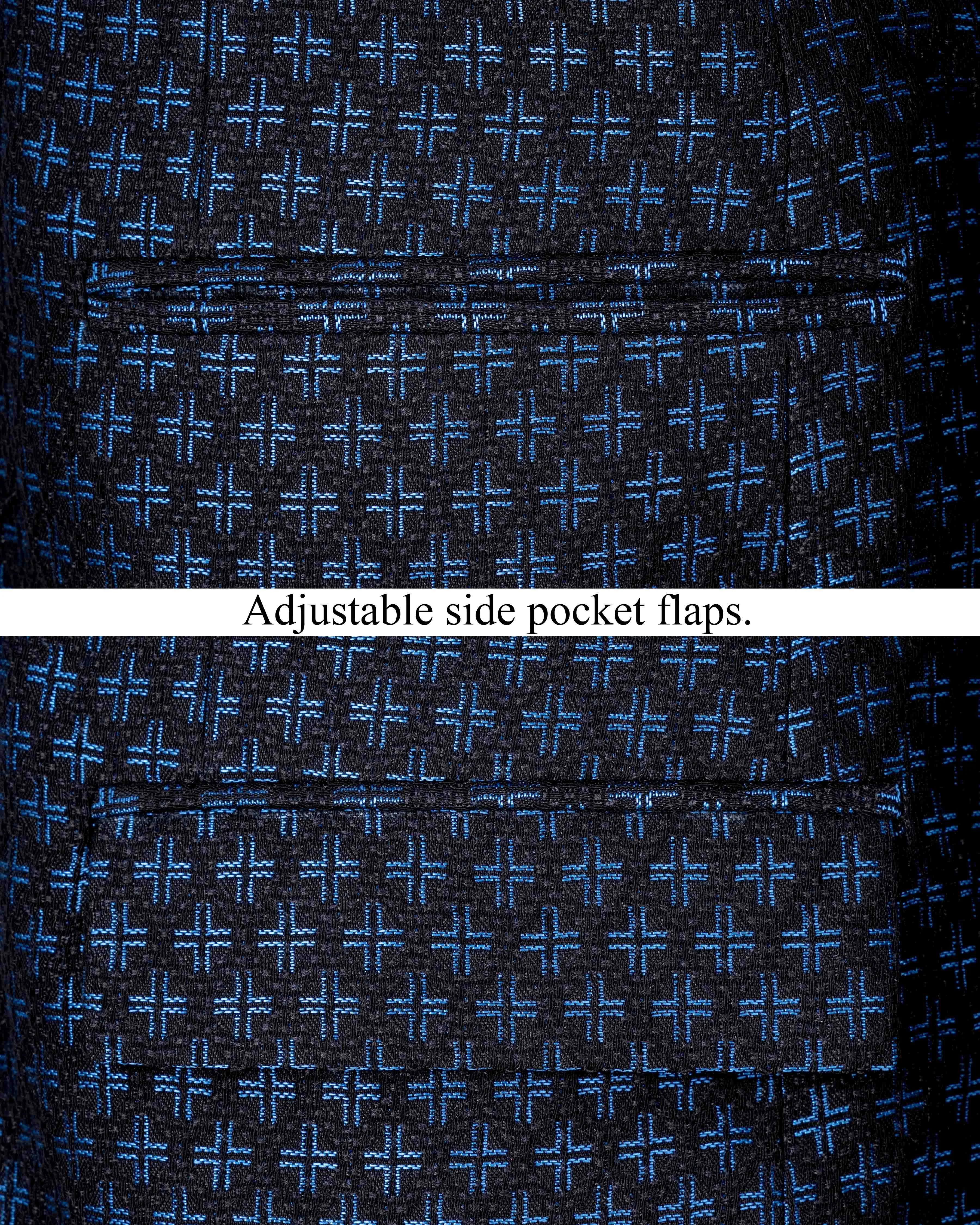 Jade Black and Mariner Blue Plus sign Textured Cross-Button Bandhgala Designer Blazer