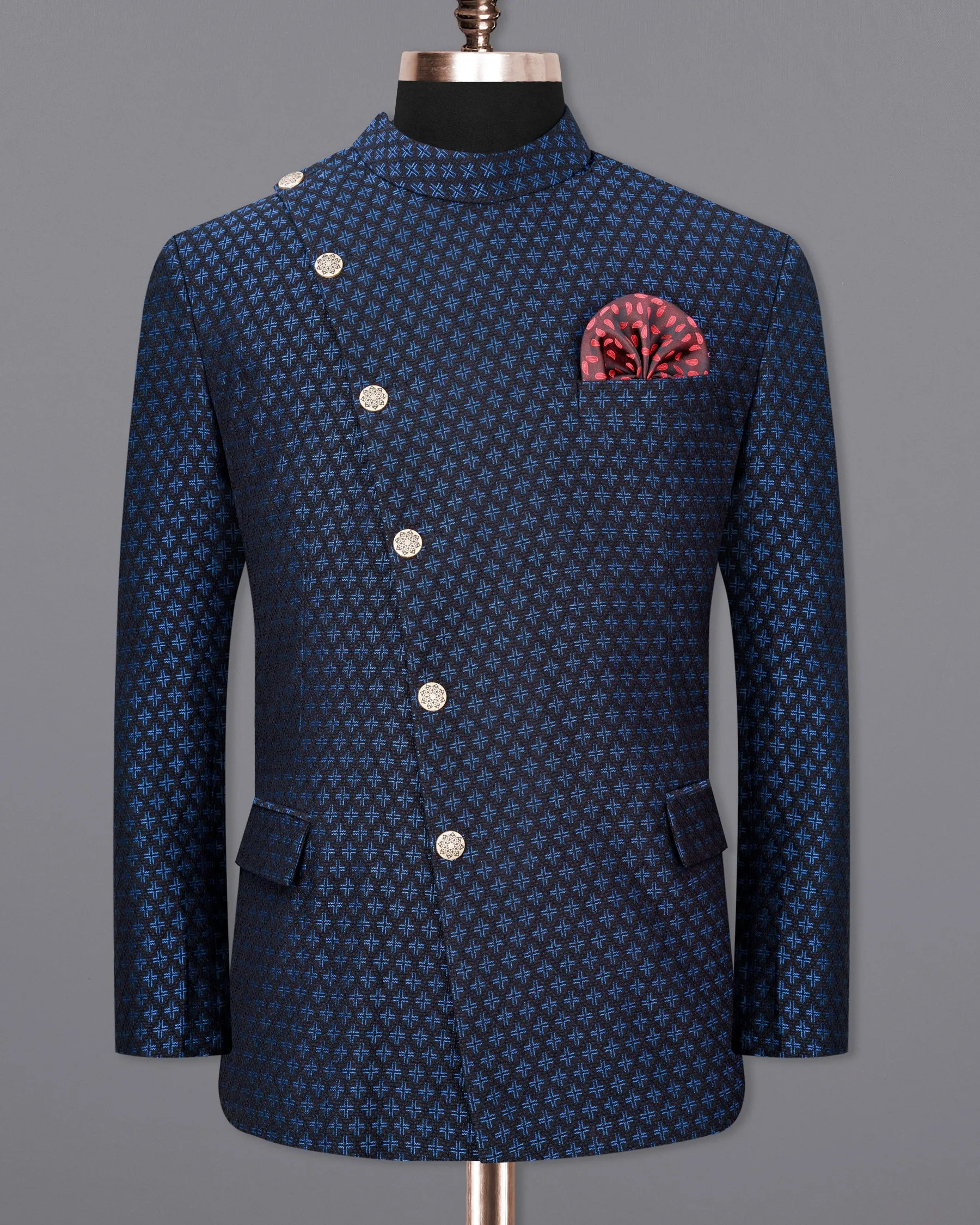 Jade Black and Mariner Blue Plus sign Textured Cross-Button Bandhgala Designer Blazer