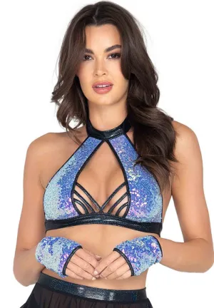 Jade Blue Halter Neck Sequin Top Cropped Top