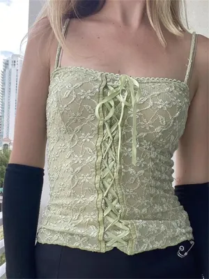JazzHer 2024 Floral Embroidery Criss-cross Lace Up Chic 00s Vintage Fairycore Retro Spaghetti Strap Camis Crop Tops