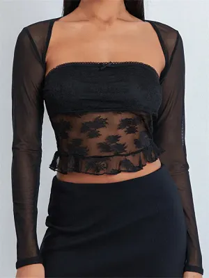 JazzHer 2024 Lace Floral Tube Tank Mesh See Through Shrugs Party Clubwear  Crop Tops