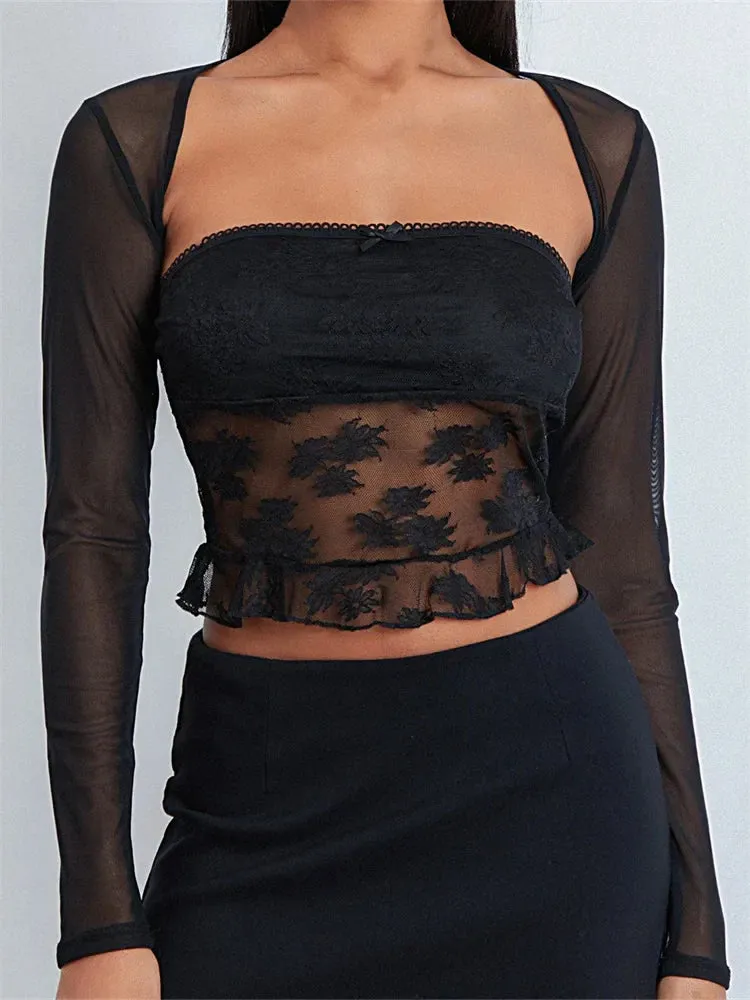 JazzHer 2024 Lace Floral Tube Tank Mesh See Through Shrugs Party Clubwear  Crop Tops