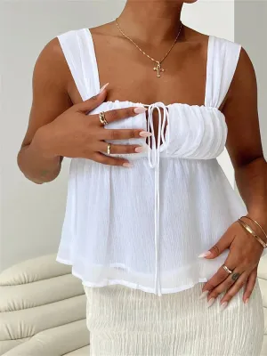 JazzHer 2024 Spaghetti Strap Casual Ruffles Square Neck Lace-up Solid Mini Vests  Crop Tops
