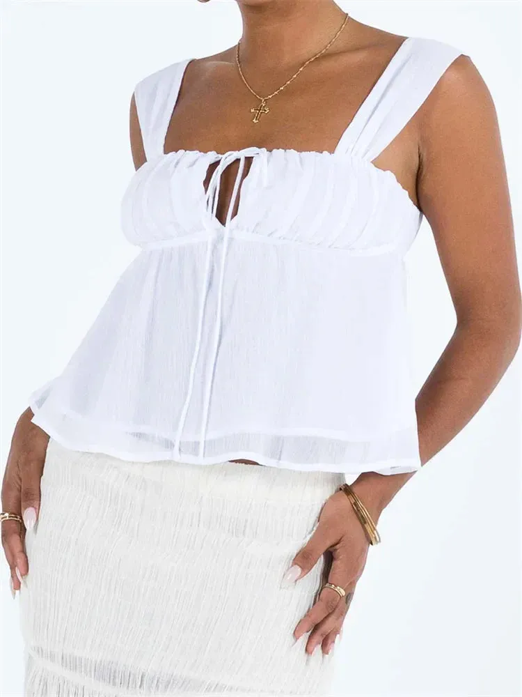 JazzHer 2024 Spaghetti Strap Casual Ruffles Square Neck Lace-up Solid Mini Vests  Crop Tops