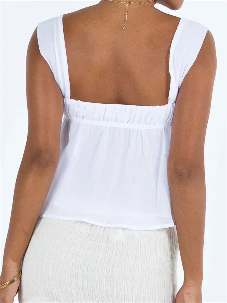 JazzHer 2024 Spaghetti Strap Casual Ruffles Square Neck Lace-up Solid Mini Vests  Crop Tops