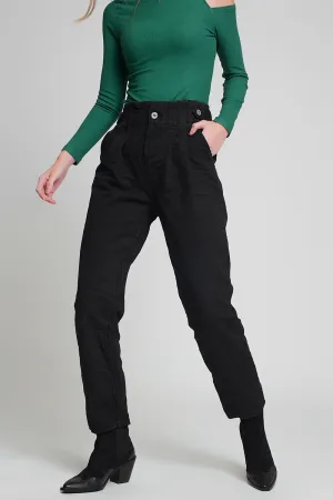 Jeans with paper bag waist and button details in black