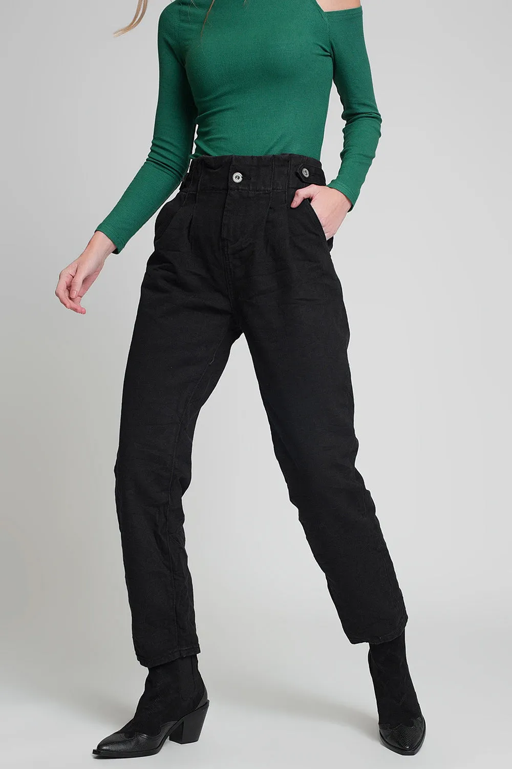 Jeans with paper bag waist and button details in black