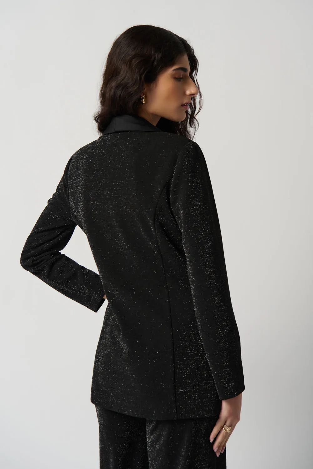Joseph Ribkoff Black Metallic Knit Blazer With Satin Lapel Style 234275
