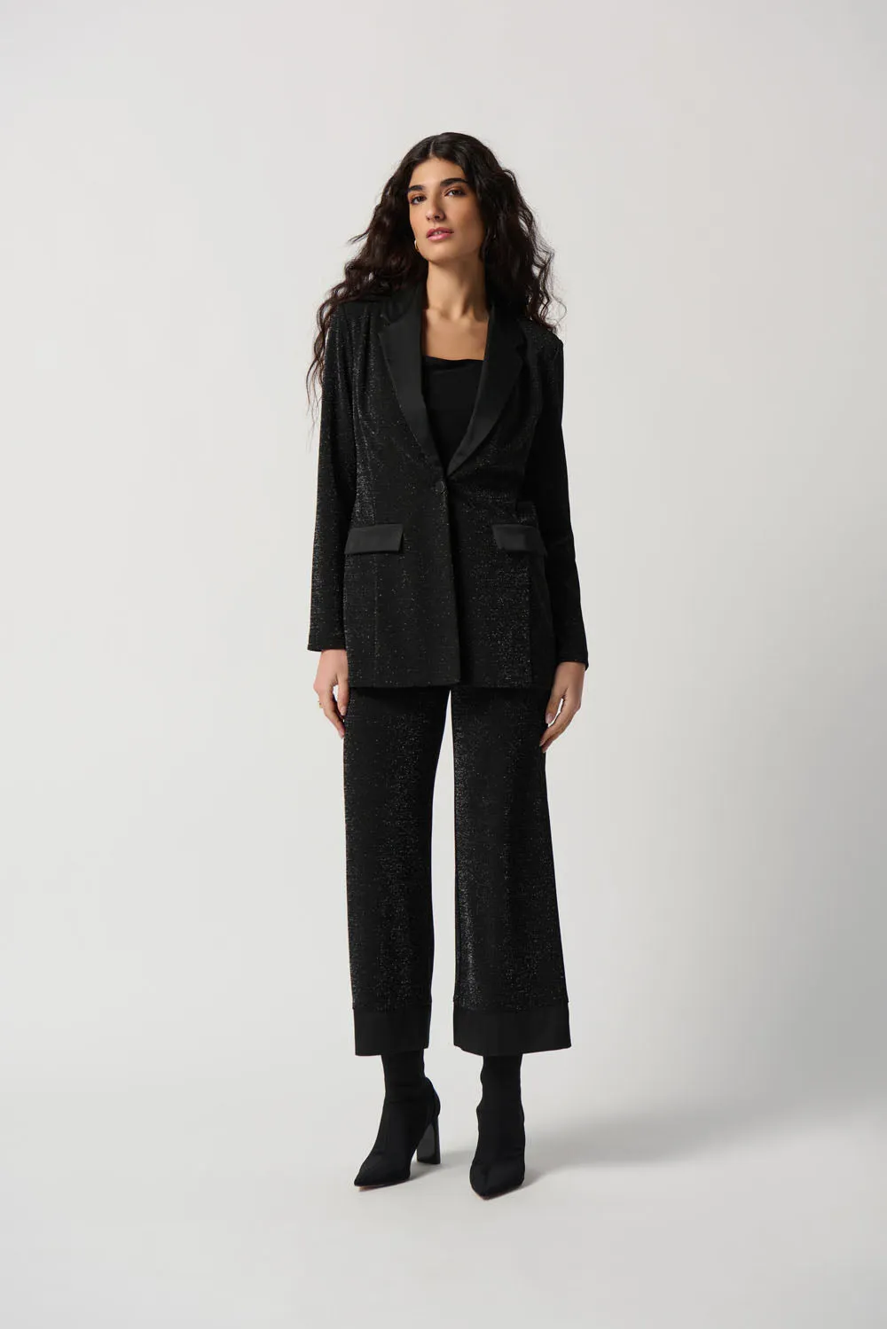 Joseph Ribkoff Black Metallic Knit Blazer With Satin Lapel Style 234275