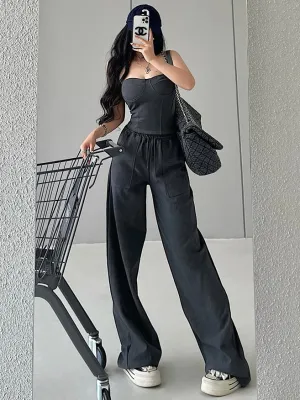 Kiza Solid Color Fishbone Sleeveless Bandeau Top   High Waist Straight Leg Suit Pants Matching Set