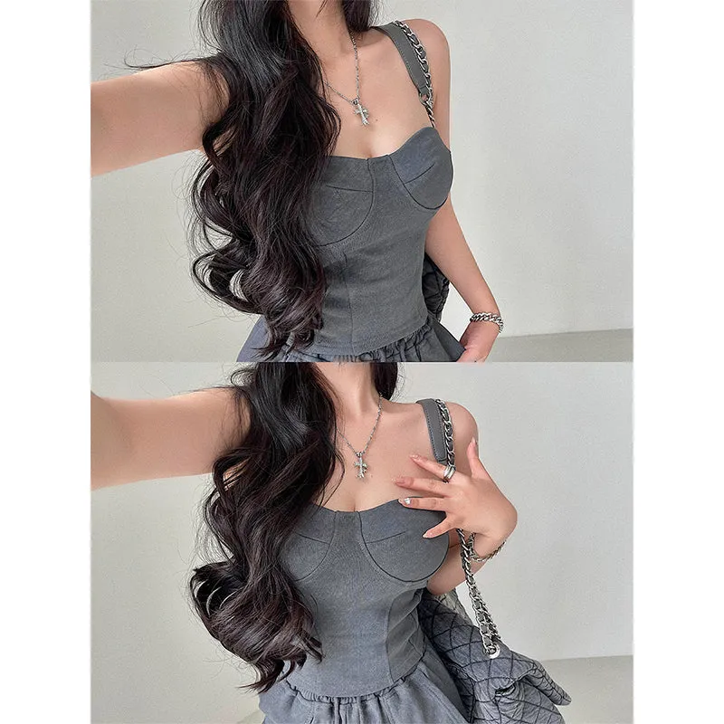 Kiza Solid Color Fishbone Sleeveless Bandeau Top   High Waist Straight Leg Suit Pants Matching Set