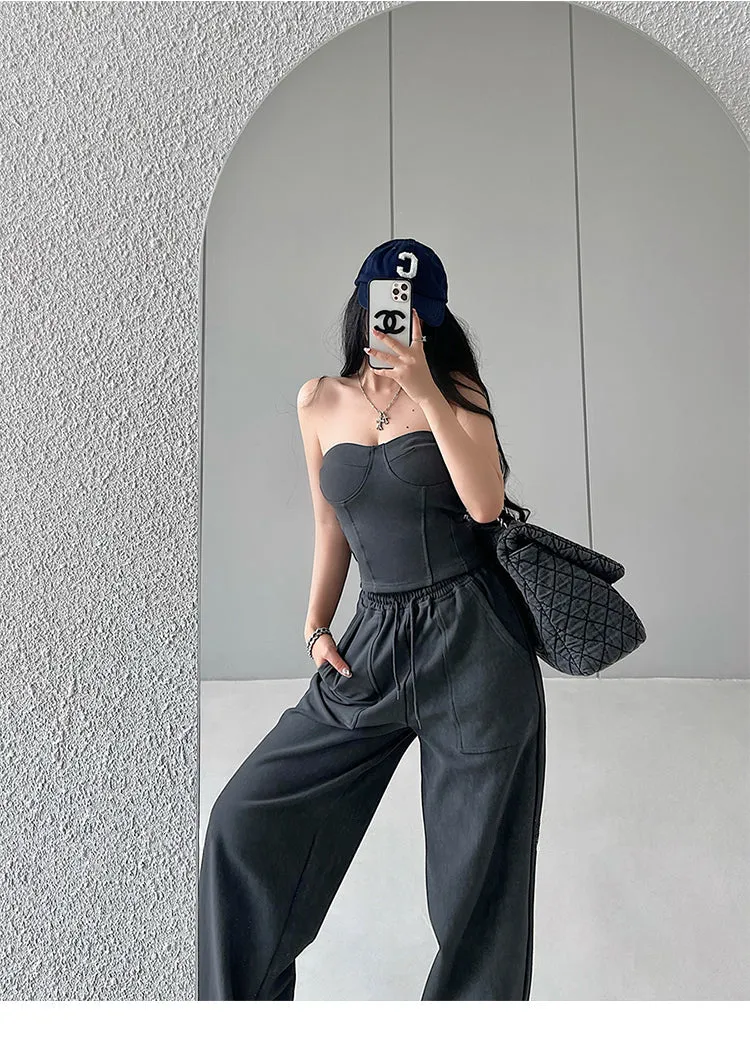 Kiza Solid Color Fishbone Sleeveless Bandeau Top   High Waist Straight Leg Suit Pants Matching Set
