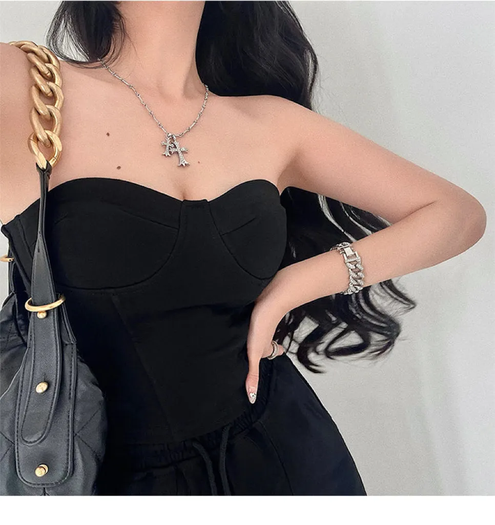 Kiza Solid Color Fishbone Sleeveless Bandeau Top   High Waist Straight Leg Suit Pants Matching Set