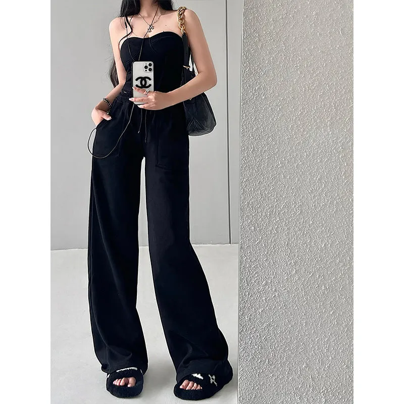 Kiza Solid Color Fishbone Sleeveless Bandeau Top   High Waist Straight Leg Suit Pants Matching Set