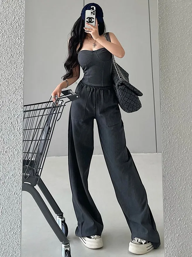 Kiza Solid Color Fishbone Sleeveless Bandeau Top   High Waist Straight Leg Suit Pants Matching Set