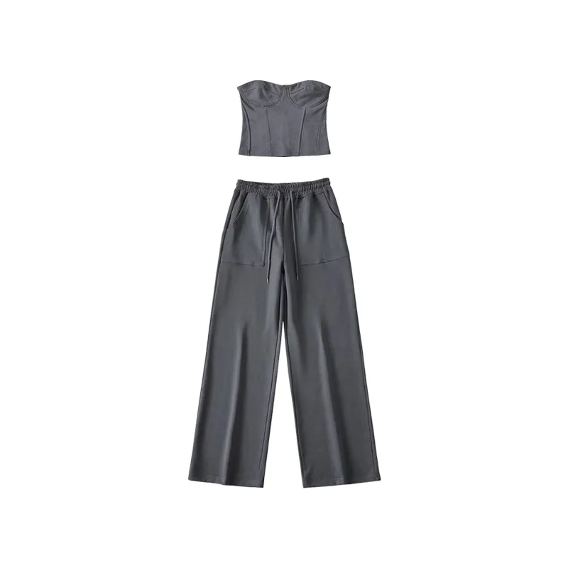 Kiza Solid Color Fishbone Sleeveless Bandeau Top   High Waist Straight Leg Suit Pants Matching Set