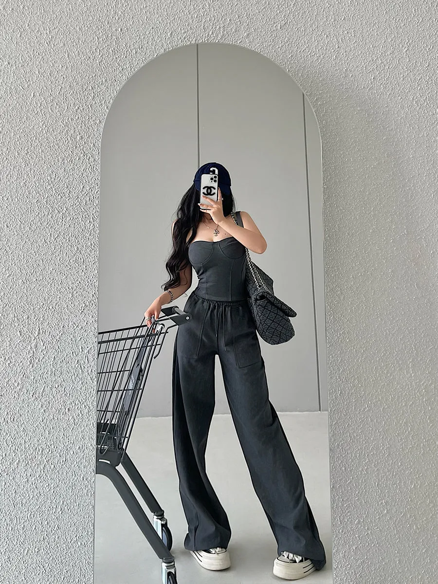 Kiza Solid Color Fishbone Sleeveless Bandeau Top   High Waist Straight Leg Suit Pants Matching Set