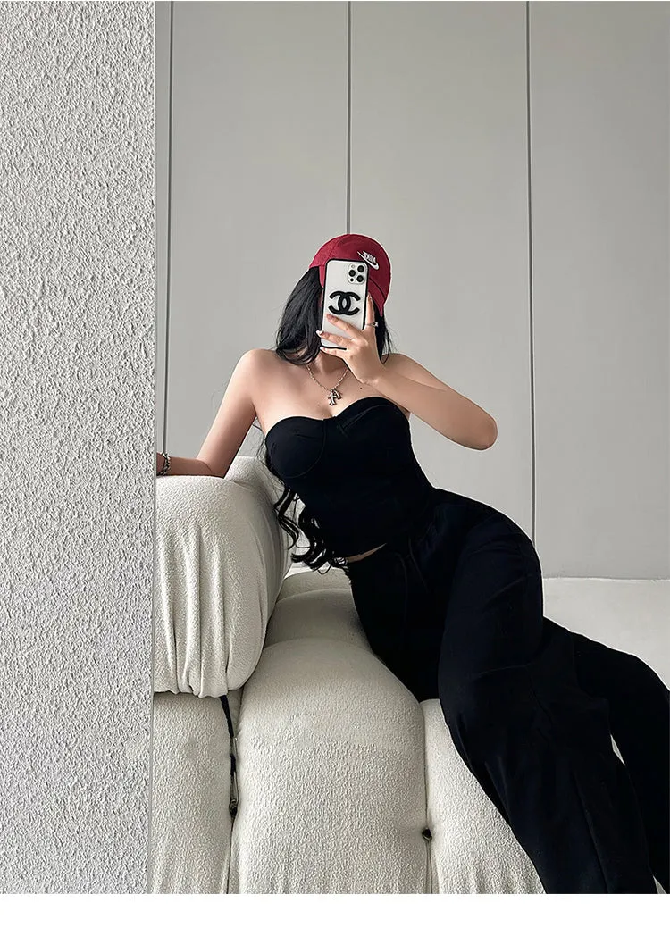 Kiza Solid Color Fishbone Sleeveless Bandeau Top   High Waist Straight Leg Suit Pants Matching Set