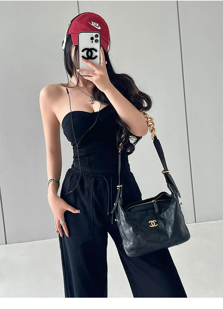 Kiza Solid Color Fishbone Sleeveless Bandeau Top   High Waist Straight Leg Suit Pants Matching Set