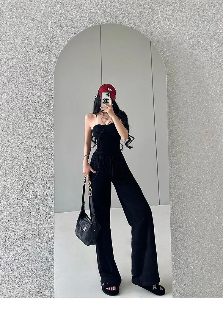 Kiza Solid Color Fishbone Sleeveless Bandeau Top   High Waist Straight Leg Suit Pants Matching Set