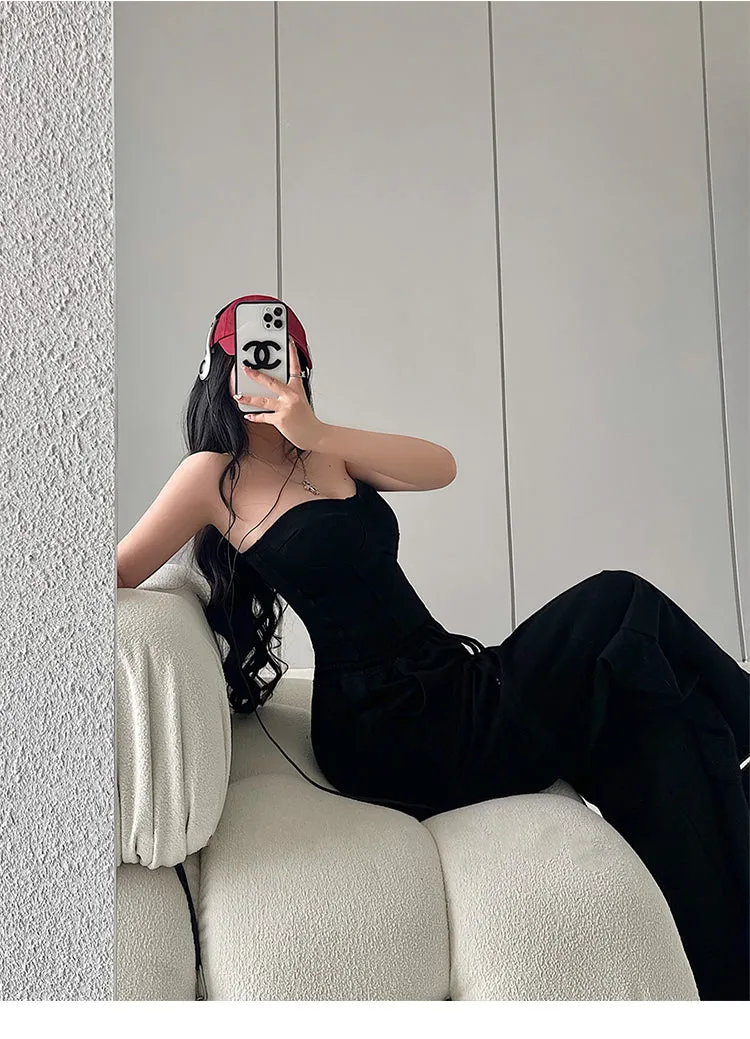Kiza Solid Color Fishbone Sleeveless Bandeau Top   High Waist Straight Leg Suit Pants Matching Set