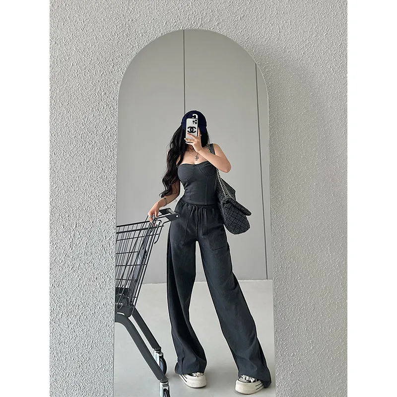 Kiza Solid Color Fishbone Sleeveless Bandeau Top   High Waist Straight Leg Suit Pants Matching Set