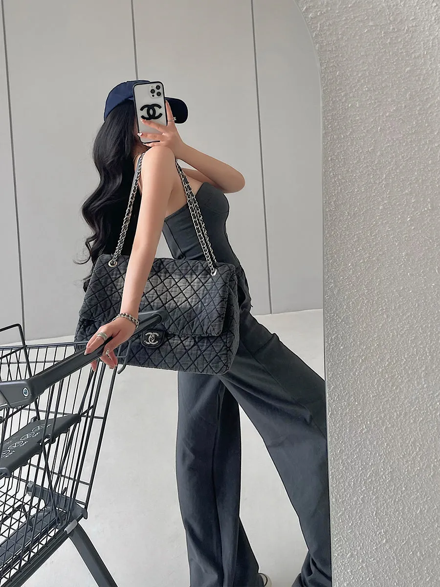 Kiza Solid Color Fishbone Sleeveless Bandeau Top   High Waist Straight Leg Suit Pants Matching Set