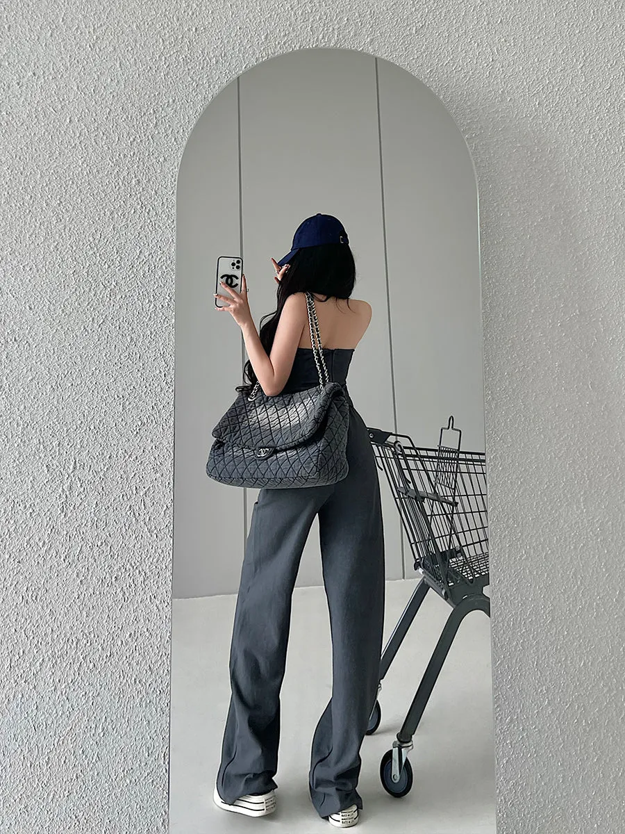Kiza Solid Color Fishbone Sleeveless Bandeau Top   High Waist Straight Leg Suit Pants Matching Set